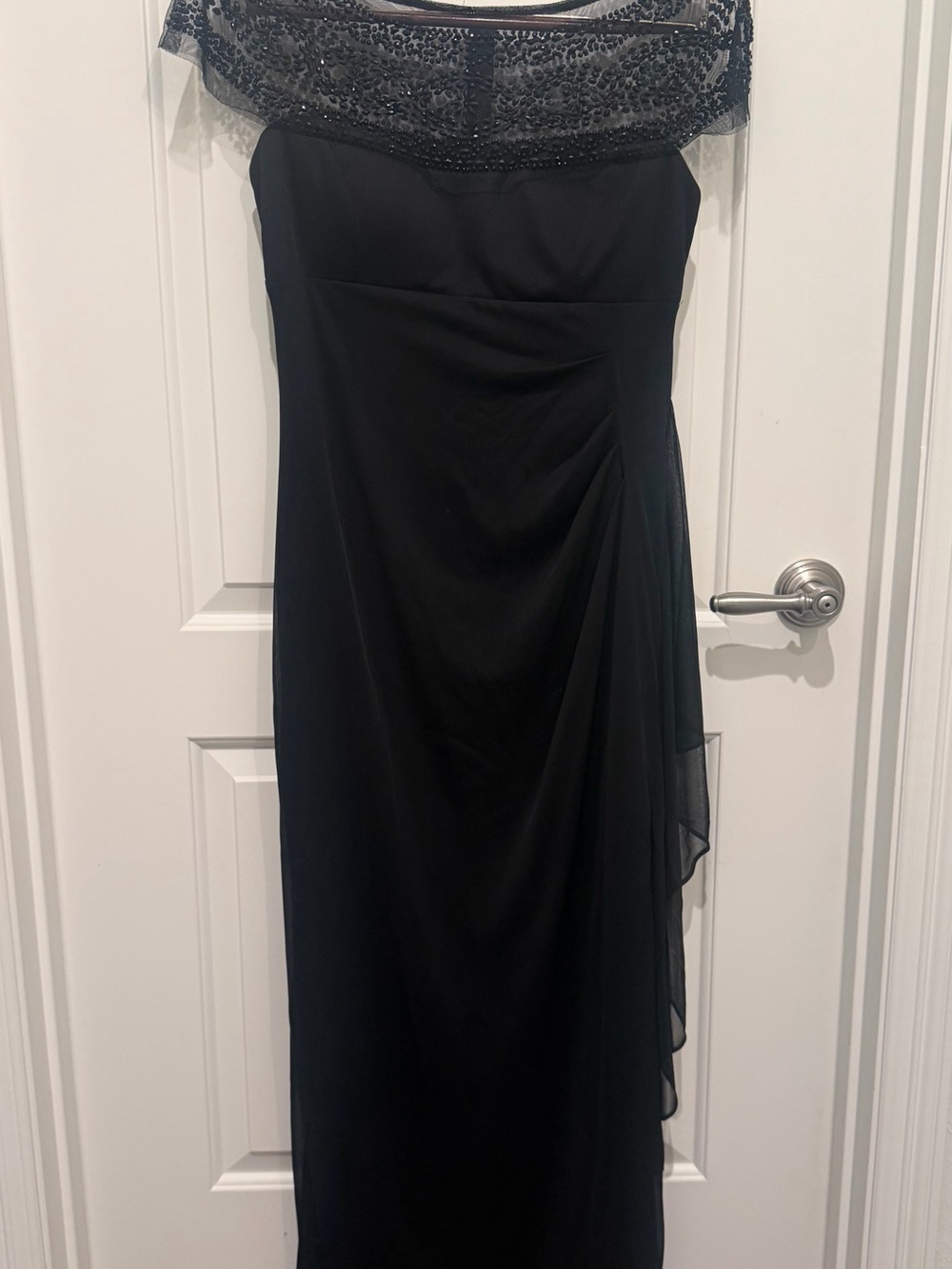 R&M Richards Black Off-Shoulder Beaded Maxi Dress